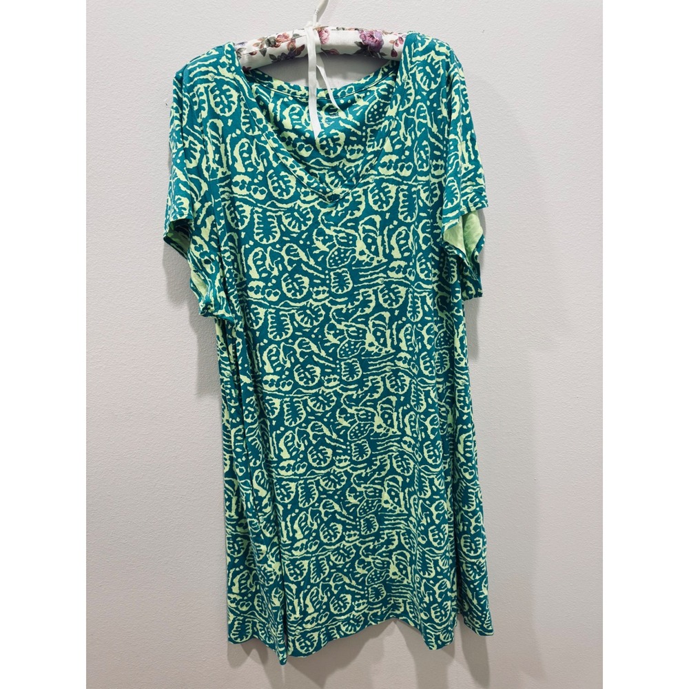 Soft Surroundings Teal Lime Green Abstract Print V-Neck Dress 3X Beachy Resort